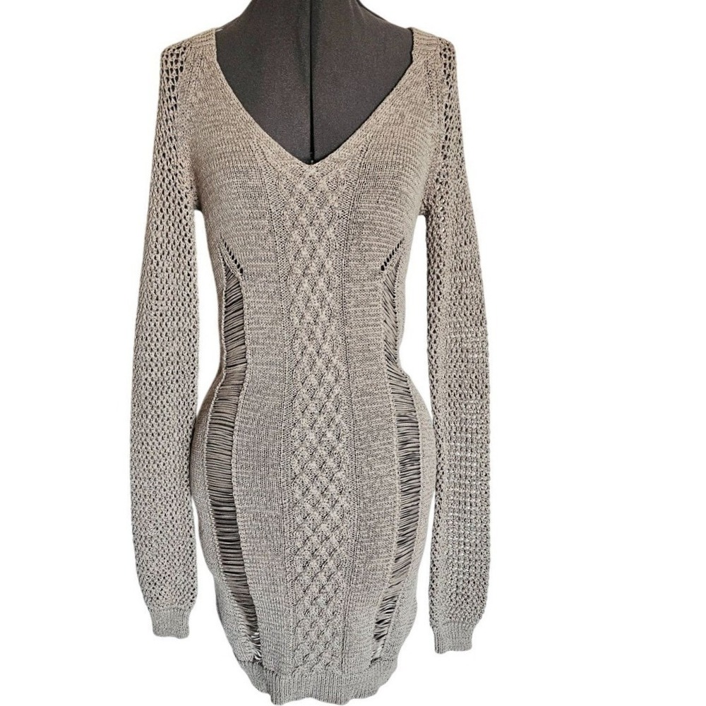 David Bitton Vesta Distressed knit sweater dress size M long sleeve midi tan gre